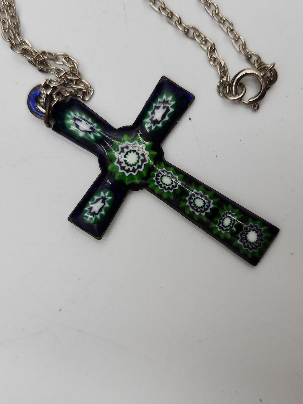 Vintage blue Millefiori Venetian glass Italian Cross Pendant on Chain